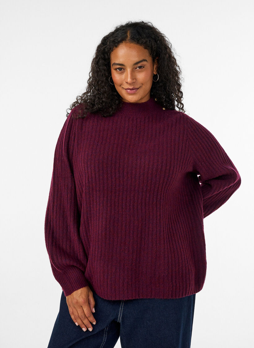 Pull c&ocirc;tel&eacute; &agrave; manches bouffantes et boutons, Bordeaux fonc&eacute;, Model image number 0