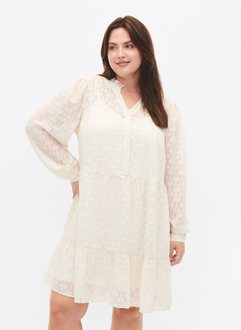 Robe en jacquard avec col à volants, Birch, Model image number 0