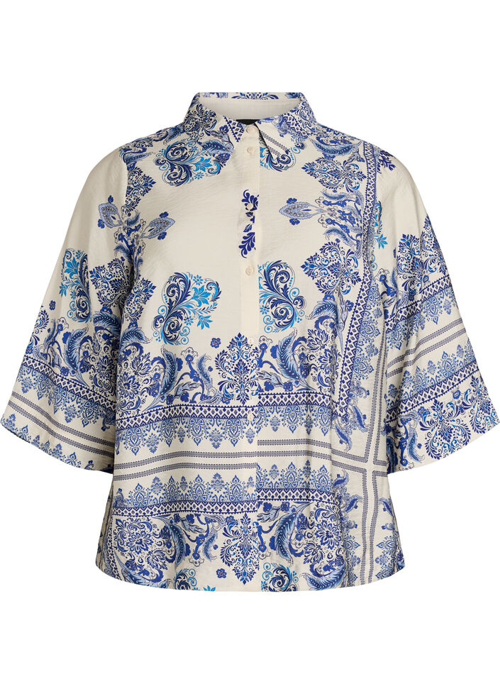 Blouse imprim&eacute;e en viscose avec manches 3/4, Bleu, Packshot image number 0