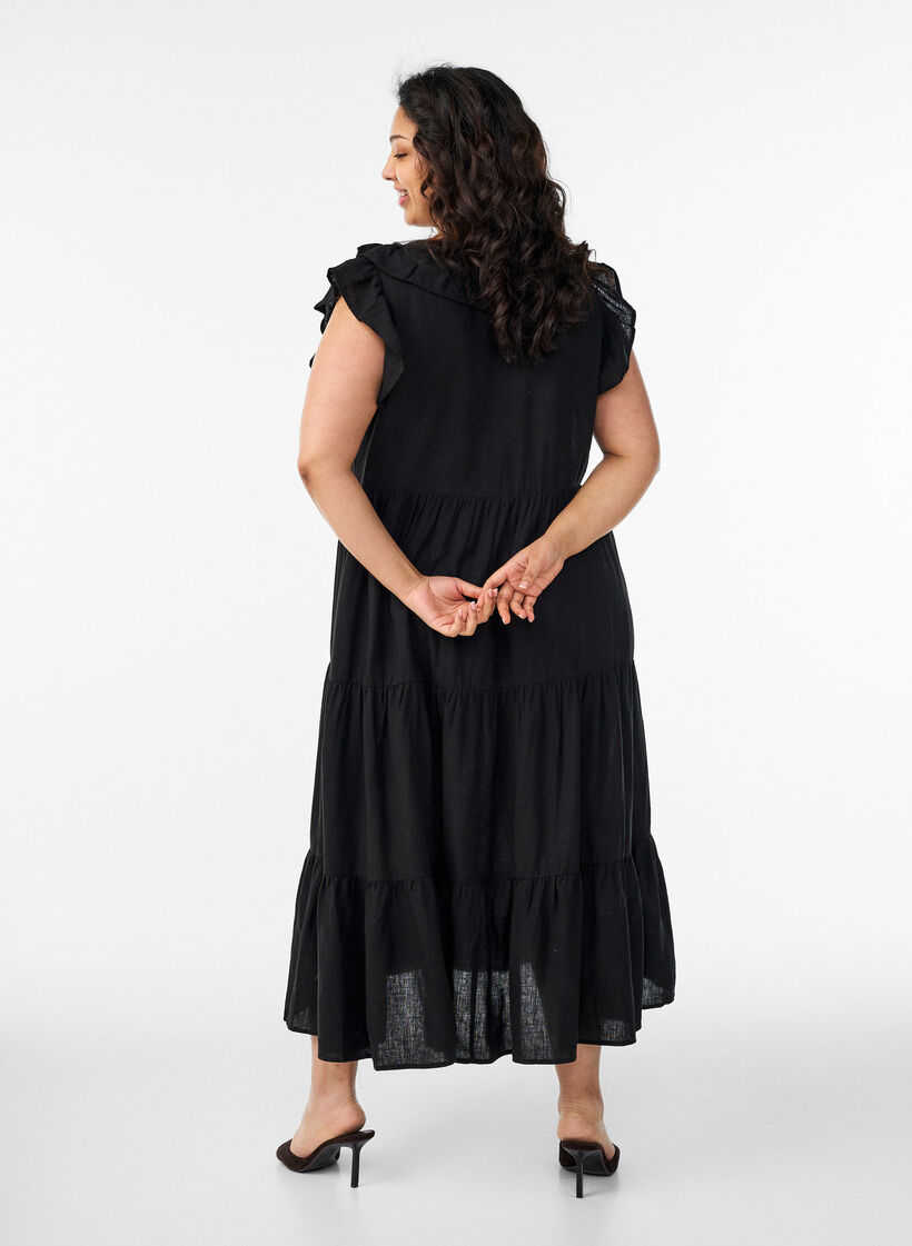 Robe midi sans manches en lin et viscose avec volants, Noir, Model image number 1