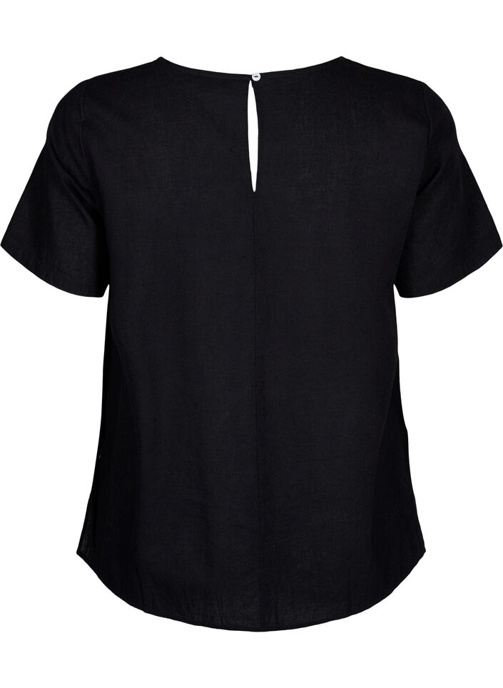 Blouse à manches courtes en mélange de coton et lin avec détail lacé, Black, Packshot image number 1