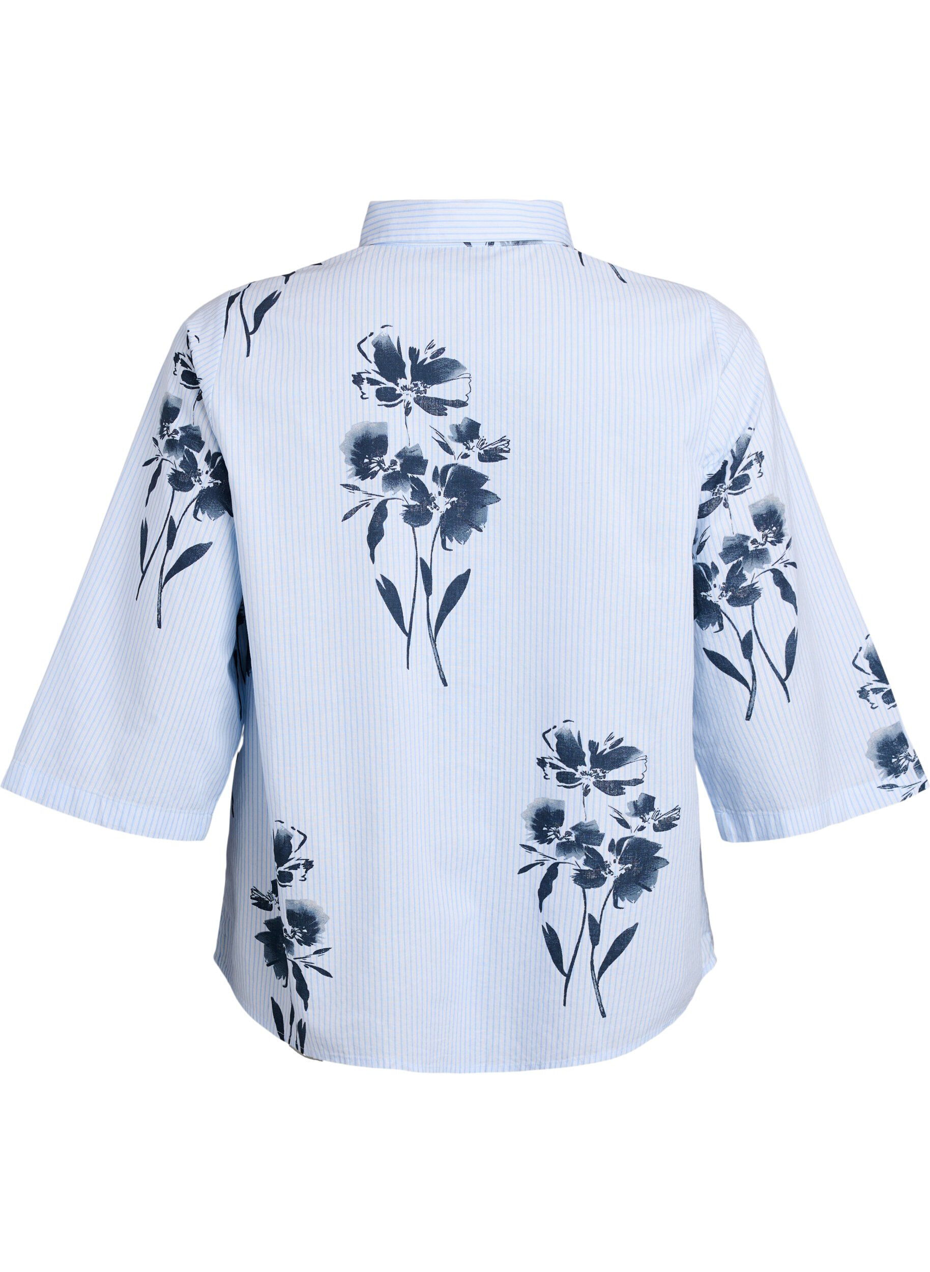 Zizzi Chemise ray&eacute;e avec imprim&eacute; floral et manches 3/4, Bleu Clair, Packshot image number 1