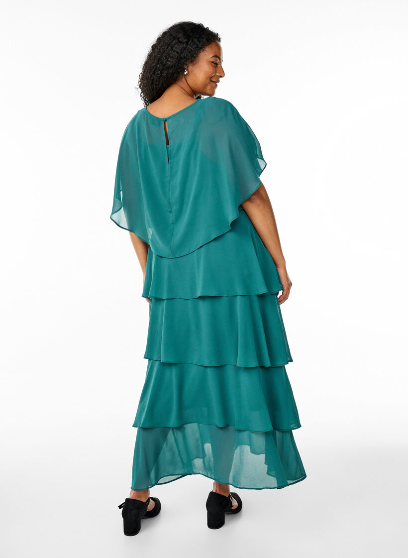 Robe maxi avec plusieurs couches de volants et cape amovible, Vert fonc&eacute;, Model image number 2