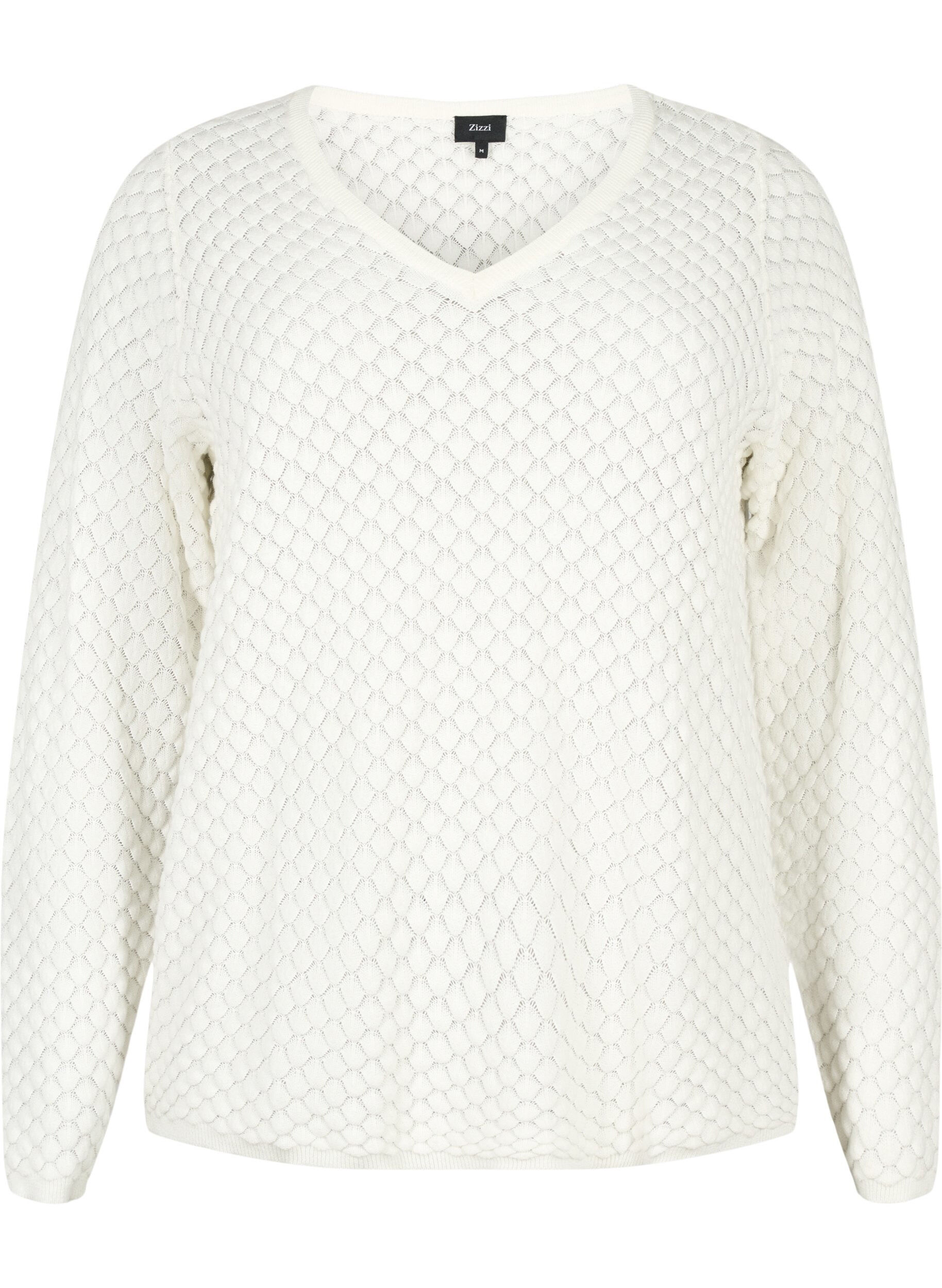 Zizzi Pull &agrave; motifs structur&eacute;s en coton bio	, Cloud Dancer, Packshot image number 0