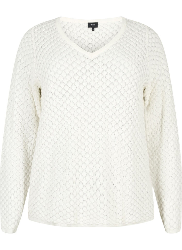 Pull à motifs structurés en coton bio	, Cloud Dancer, Packshot image number 0