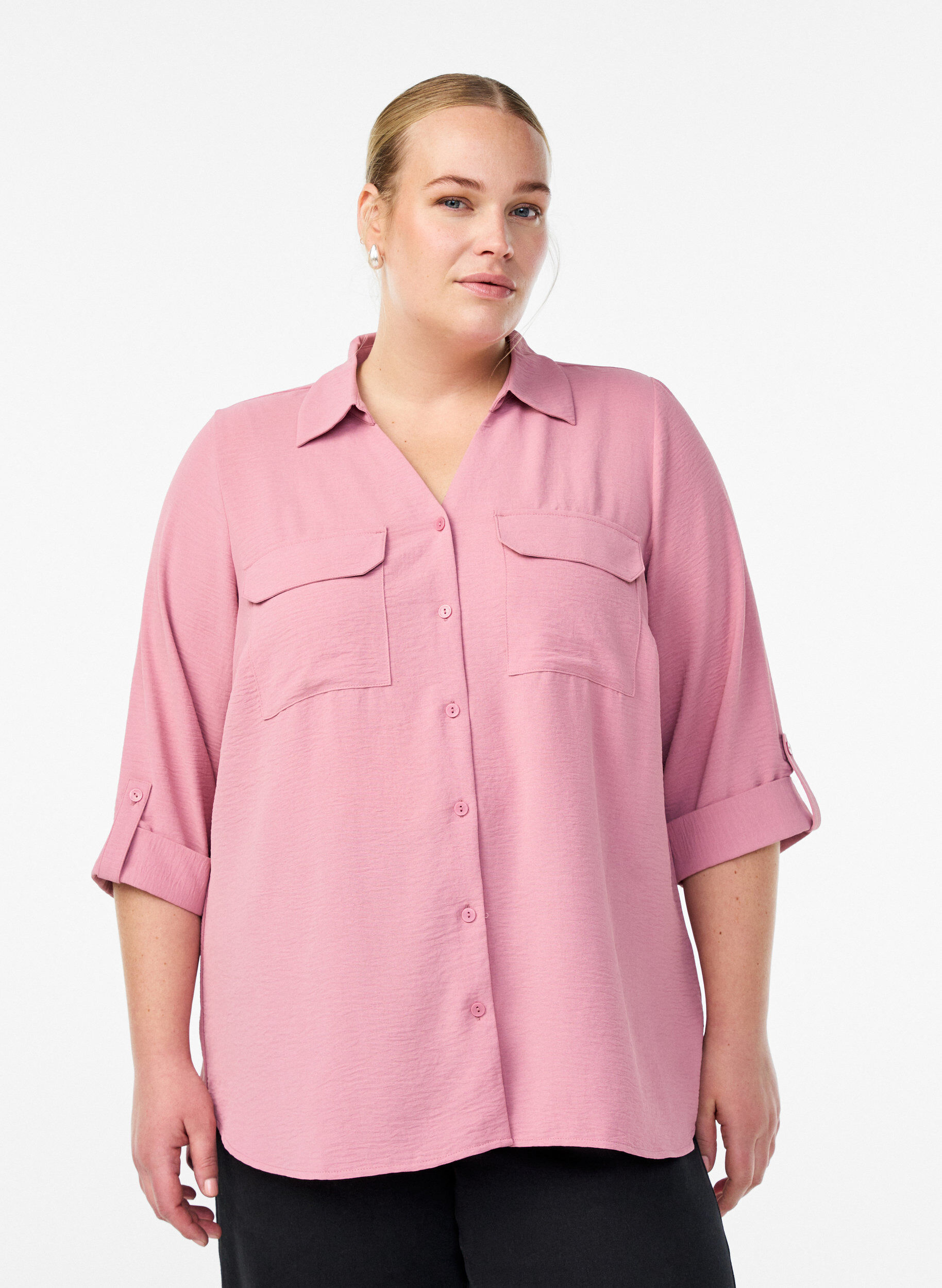 Chemise avec poches poitrine et manches 3/4, Rose, Model