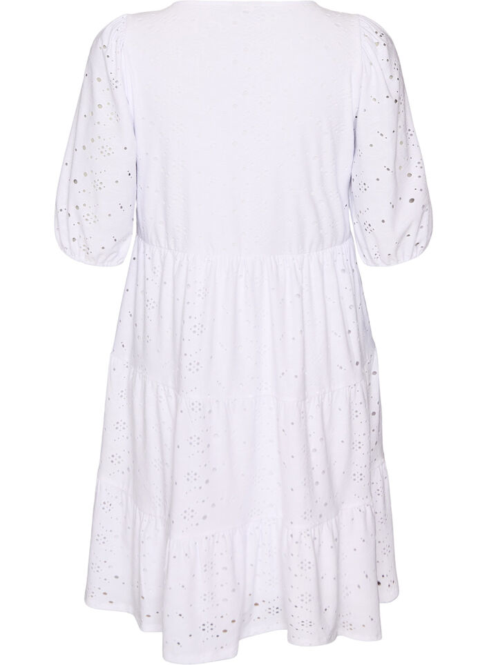 Robe en broderie anglaise avec col en V et manches mi-longues, Blanc, Packshot image number 1