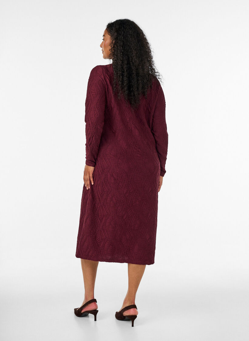 Robe midi &agrave; texture ondul&eacute;e et manches longues, Bordeaux, Model image number 1