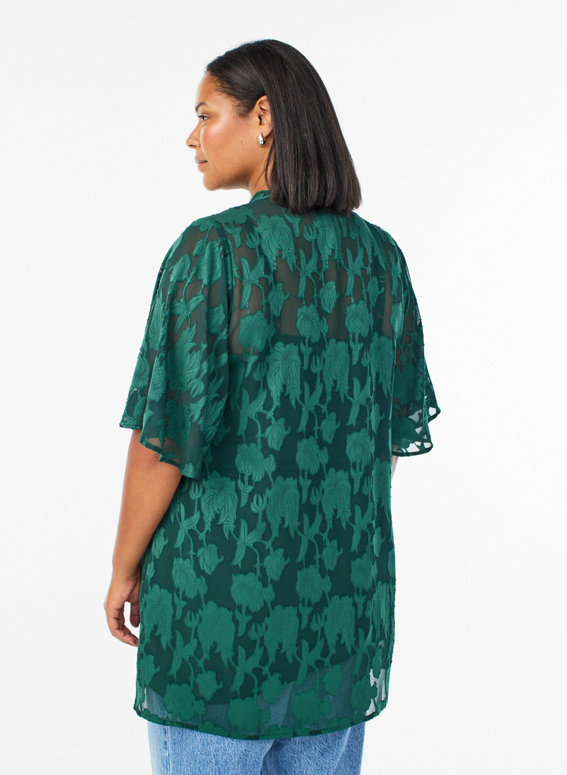 Zizzi Robe courte coupe &eacute;vas&eacute;e &agrave; motif floral, Vert fonc&eacute;, Model image number 2