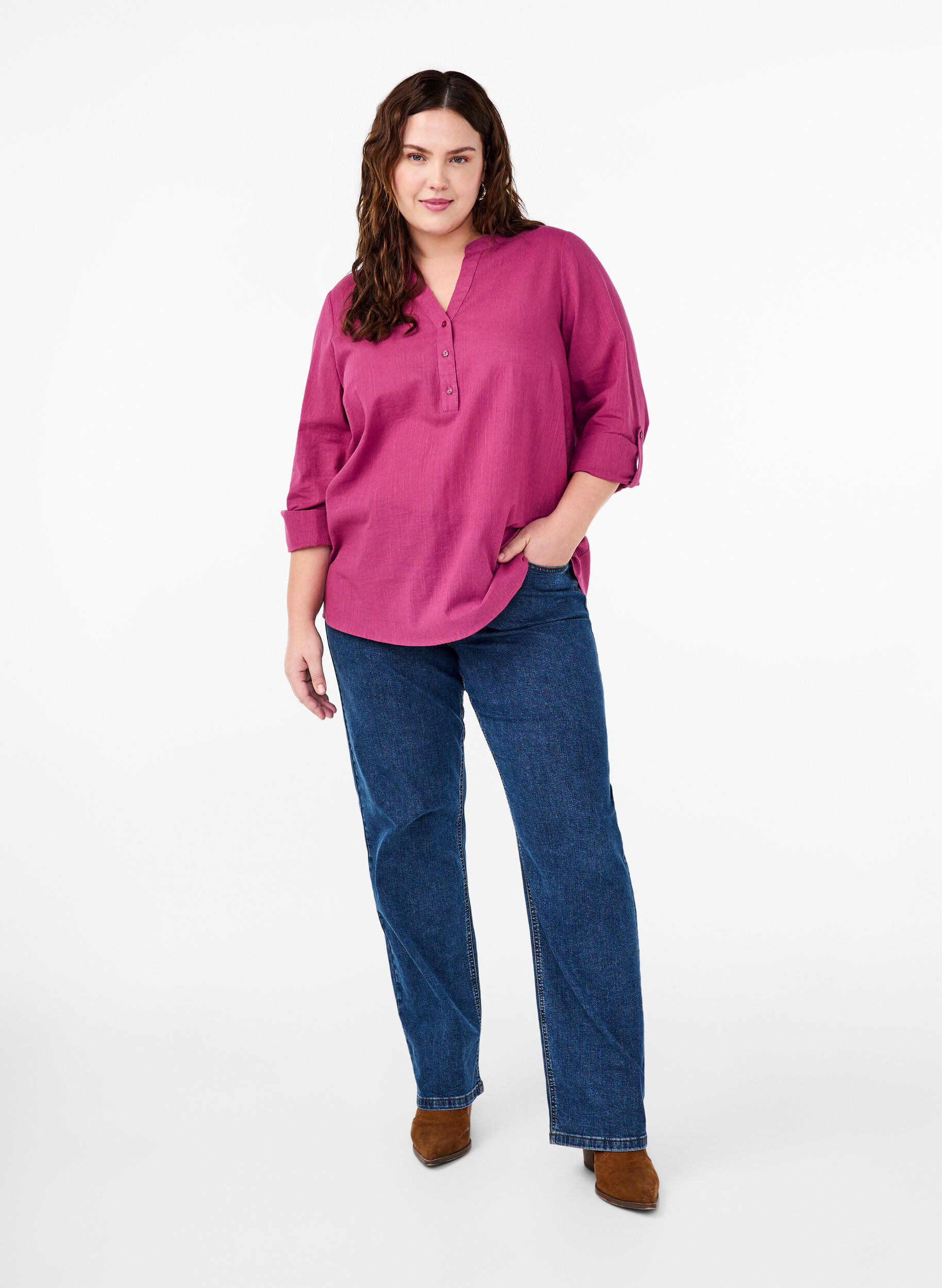 Zizzi Chemisier en coton &agrave; col en V, Malaga, Model image number 2