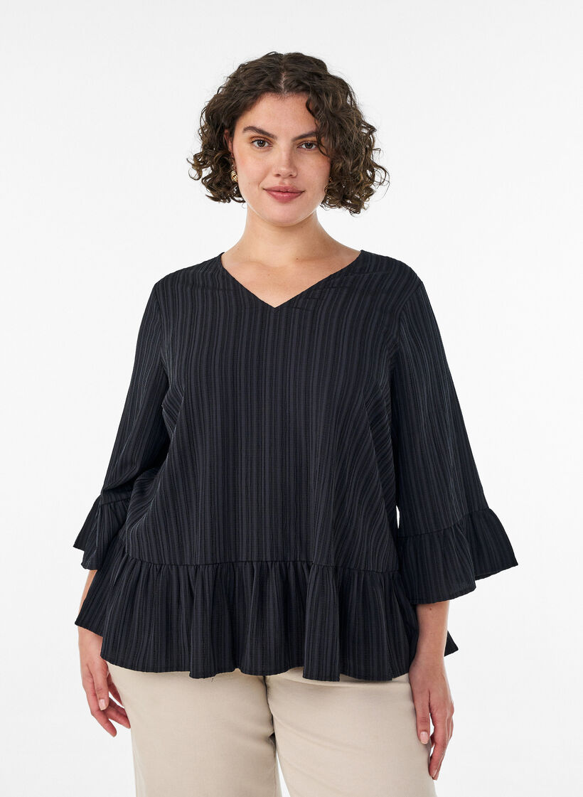 Blouse textur&eacute;e avec col V et volants, Noir, Model image number 0
