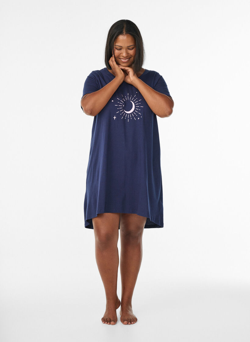 Chemise de nuit &agrave; manches courtes en coton biologique, Bleu, Model image number 1