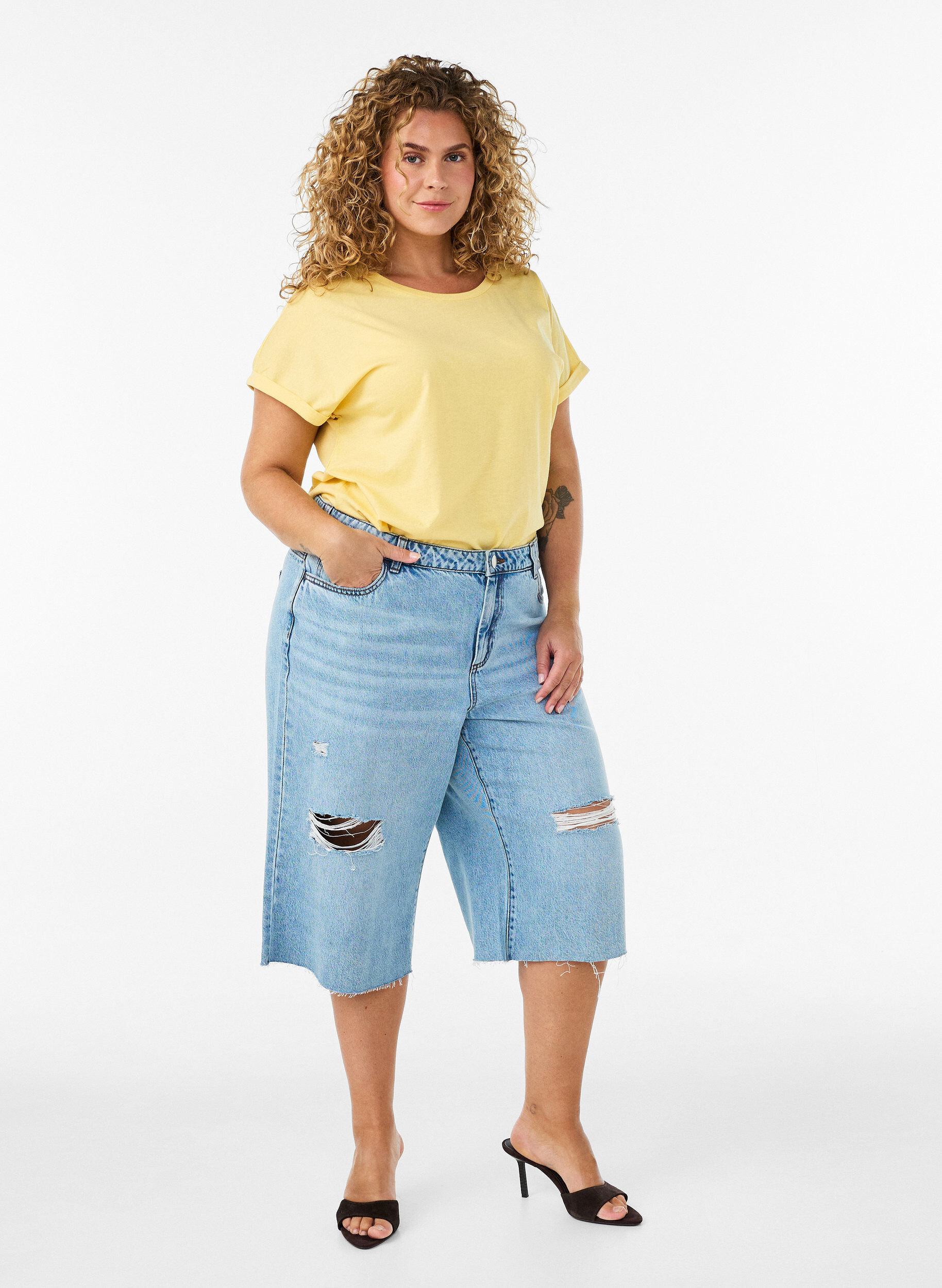 ZizziT-shirt &agrave; manches courtes en coton m&eacute;lang&eacute;, Jaune clair, Model image number 1