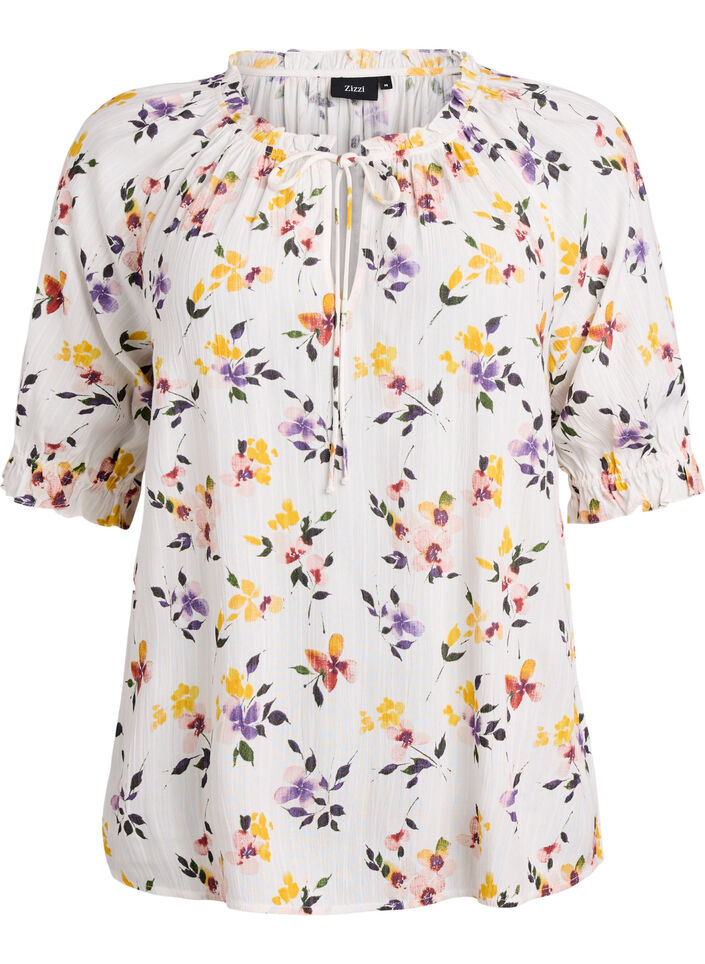 Blouse en viscose à fleurs avec manches mi-longues, Blanc, Packshot image number 0