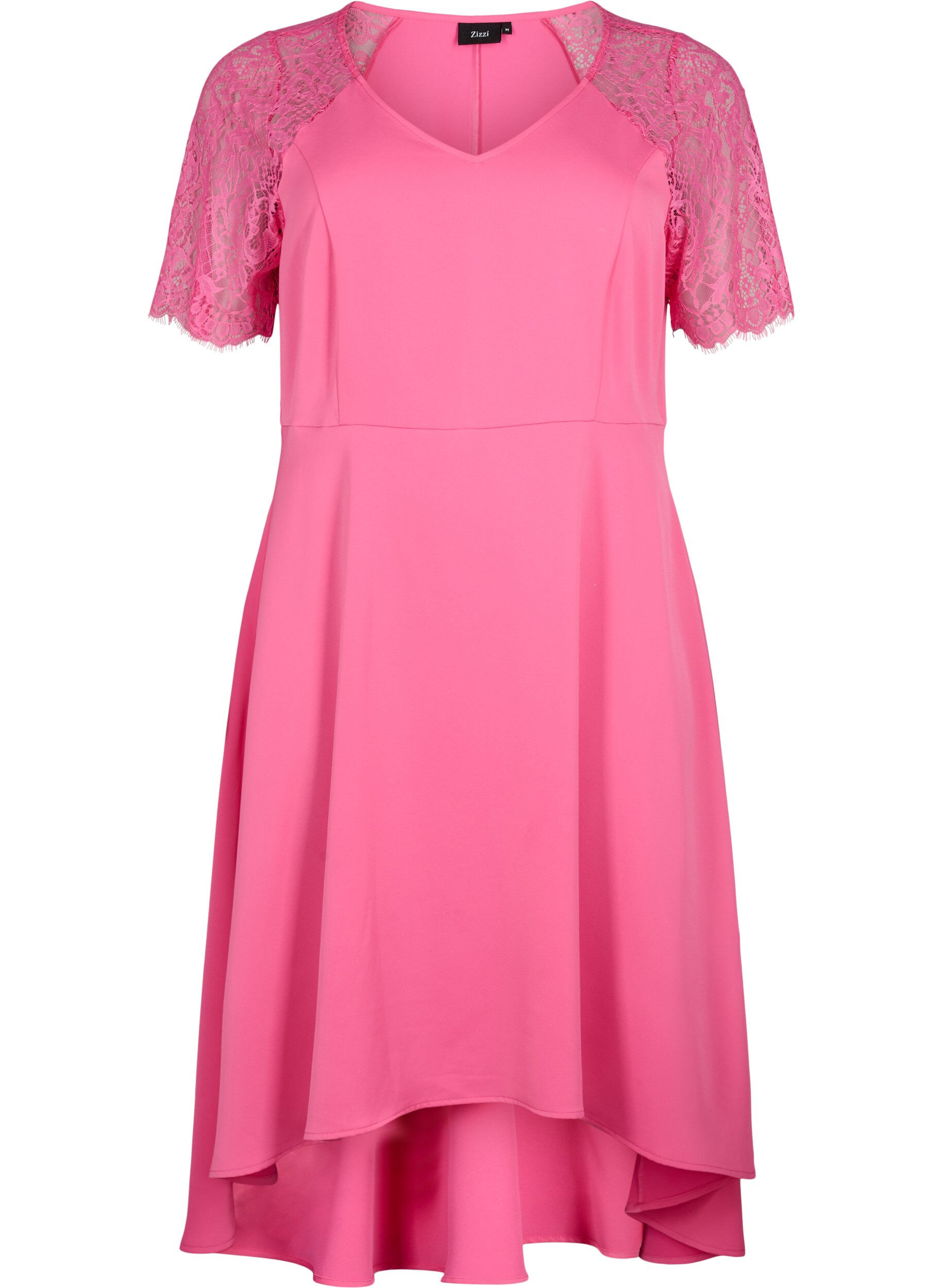 Zizzi Robe midi &agrave; manches courtes en dentelle, Shocking Pink, Packshot image number 0