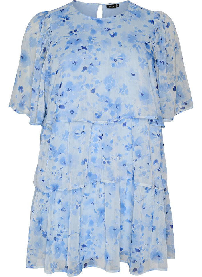 Robe courte effet mousseline &agrave; imprim&eacute; floral et volants &eacute;tag&eacute;s, Bleu, Packshot image number 0