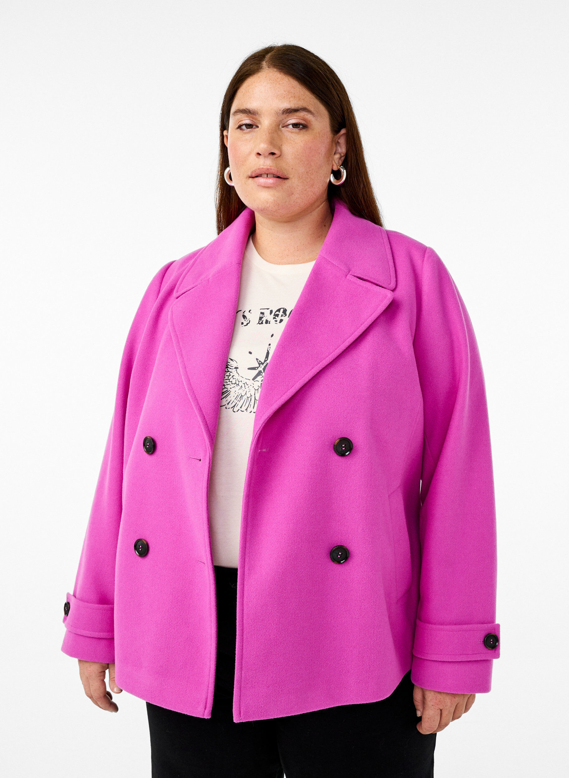 Zizzi Manteau court imitation laine et &agrave; poches, Purple Orchid, Model image number 0
