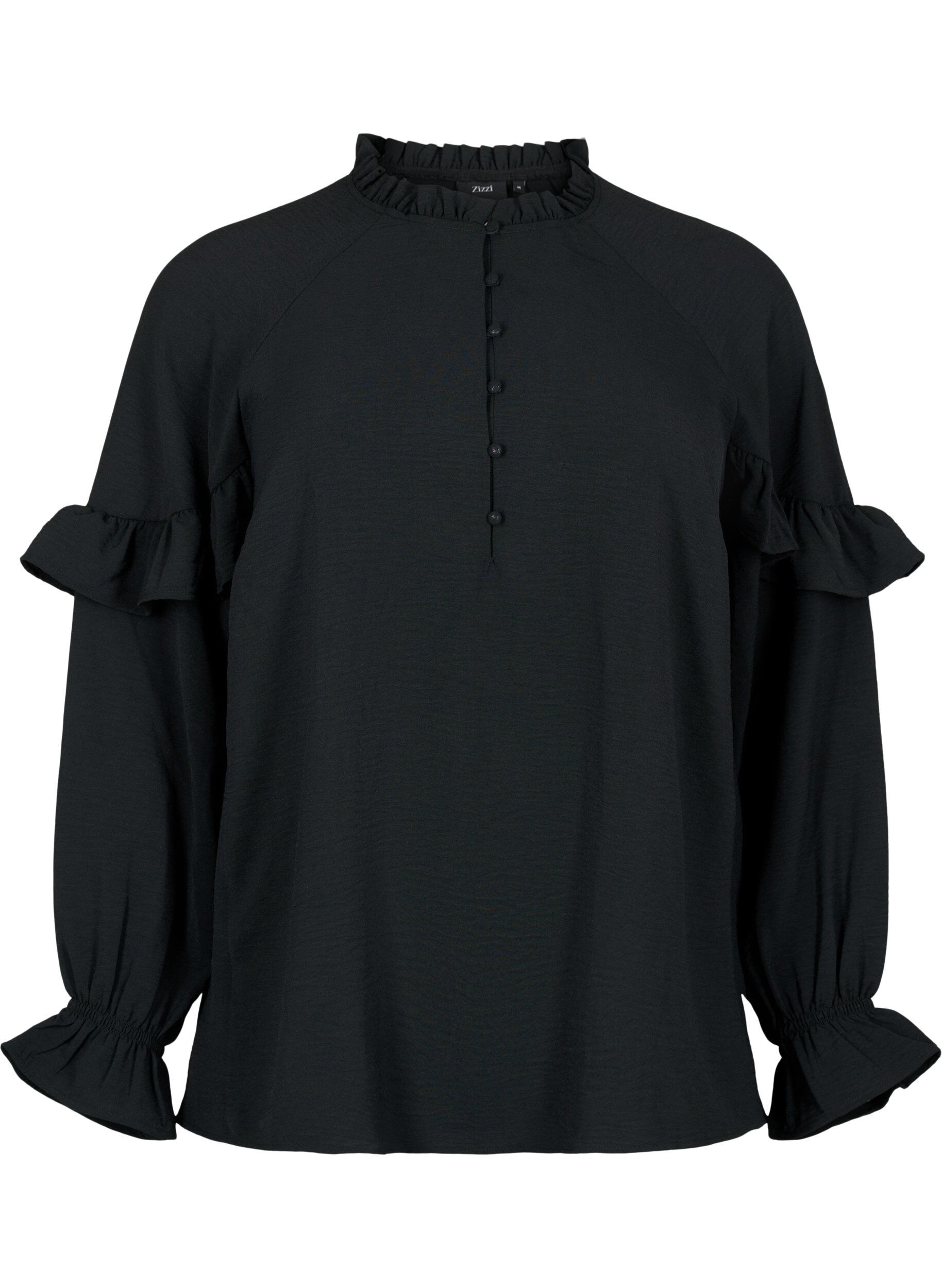 Zizzi Blouse avec volants et boutons, Black, Packshot image number 0