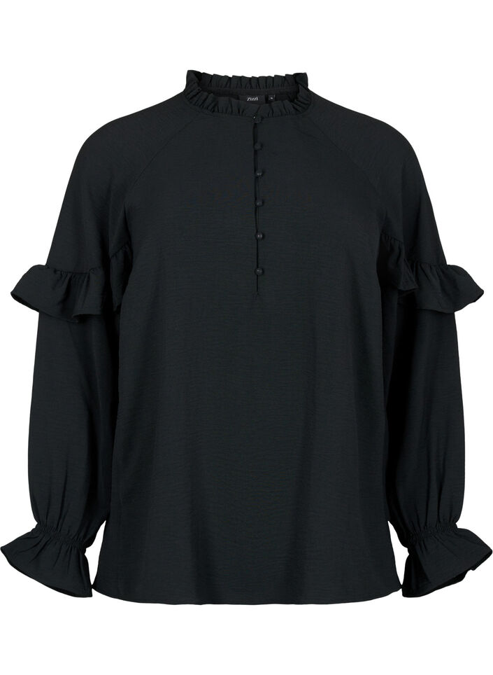 Blouse avec volants et boutons, Black, Packshot image number 0