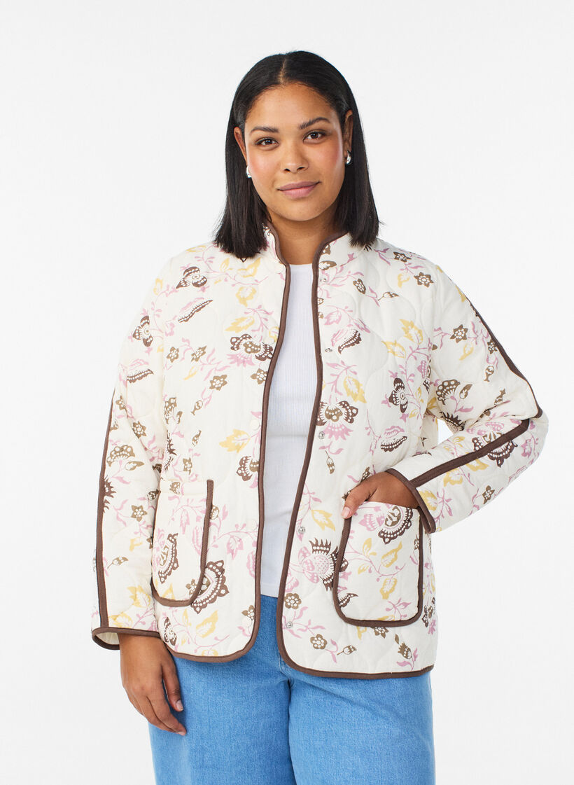 Veste matelass&eacute;e avec boutons et imprim&eacute; floral, Beige, Model image number 0