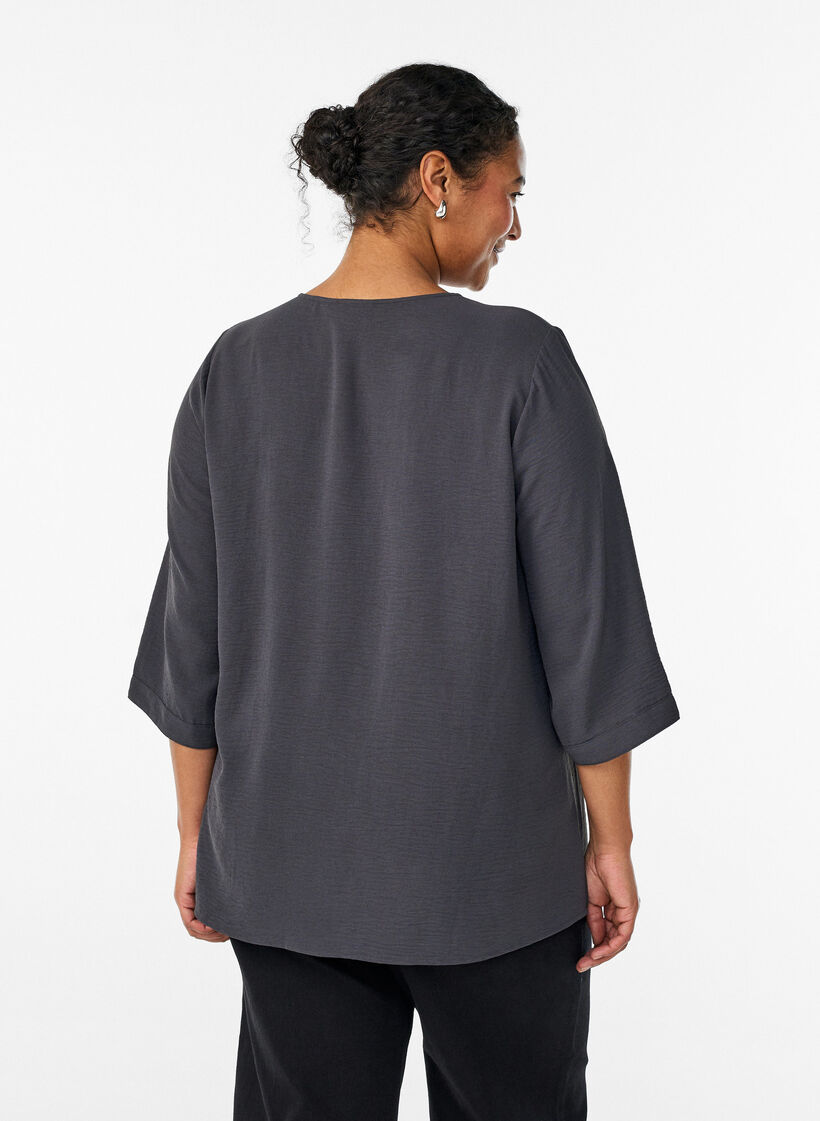Shirt blouse with V-neck and 3/4 sleeves, Dark Grey, Model image number 2