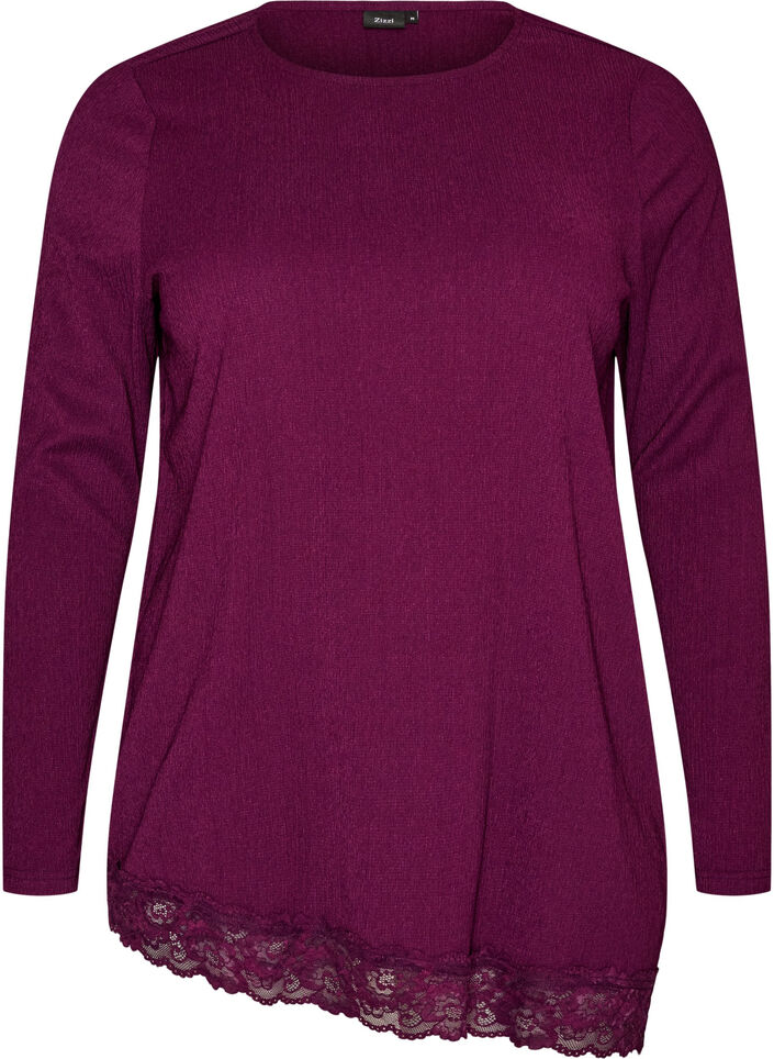 Blouse en jersey avec bordure en dentelle asym&eacute;trique, Violet, Packshot image number 0