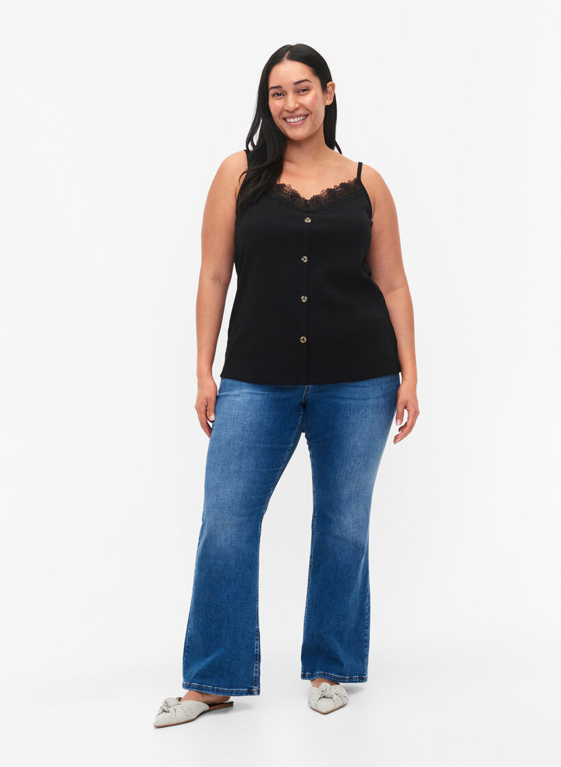 Haut à bretelles avec bordure en dentelle et boutons, Black, Model image number 1