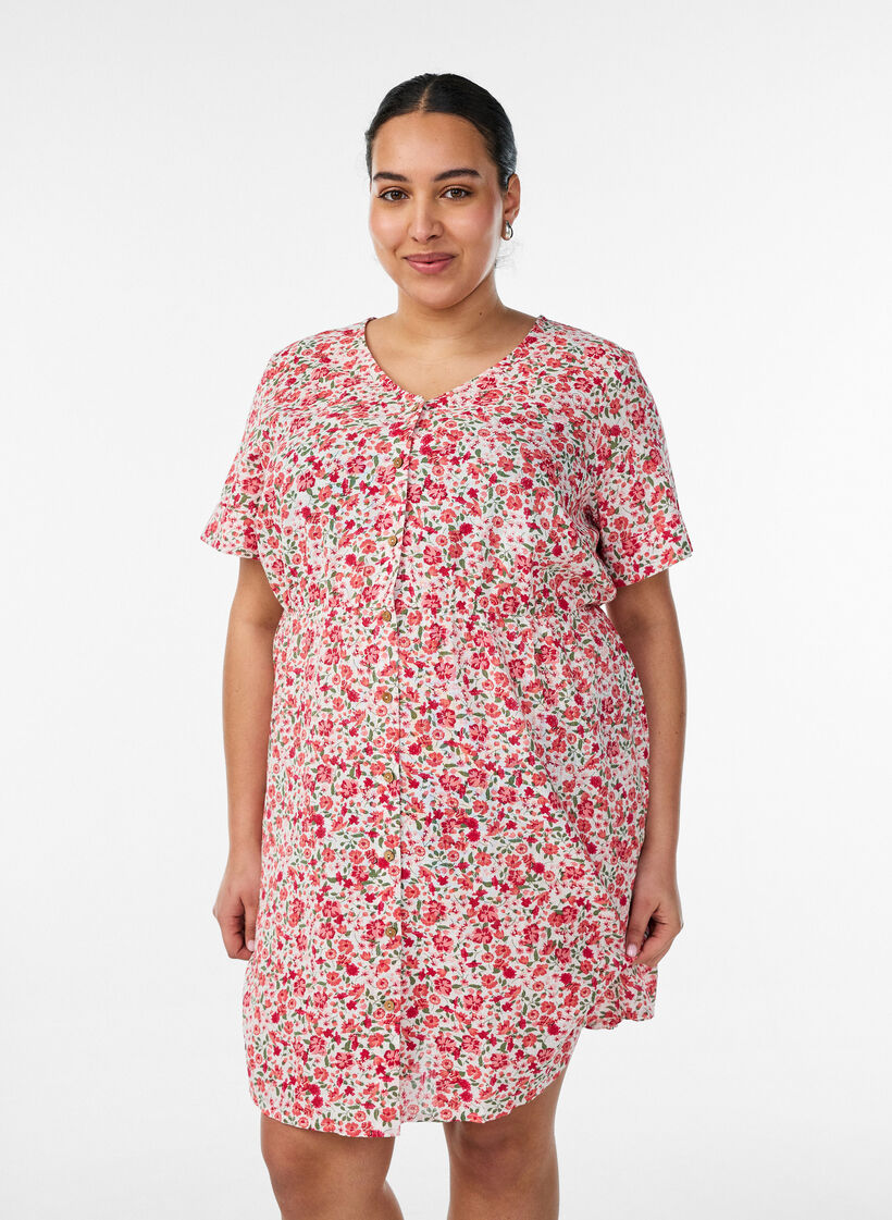 Robe courte en coton &agrave; imprim&eacute; floral, Rouge, Model image number 0
