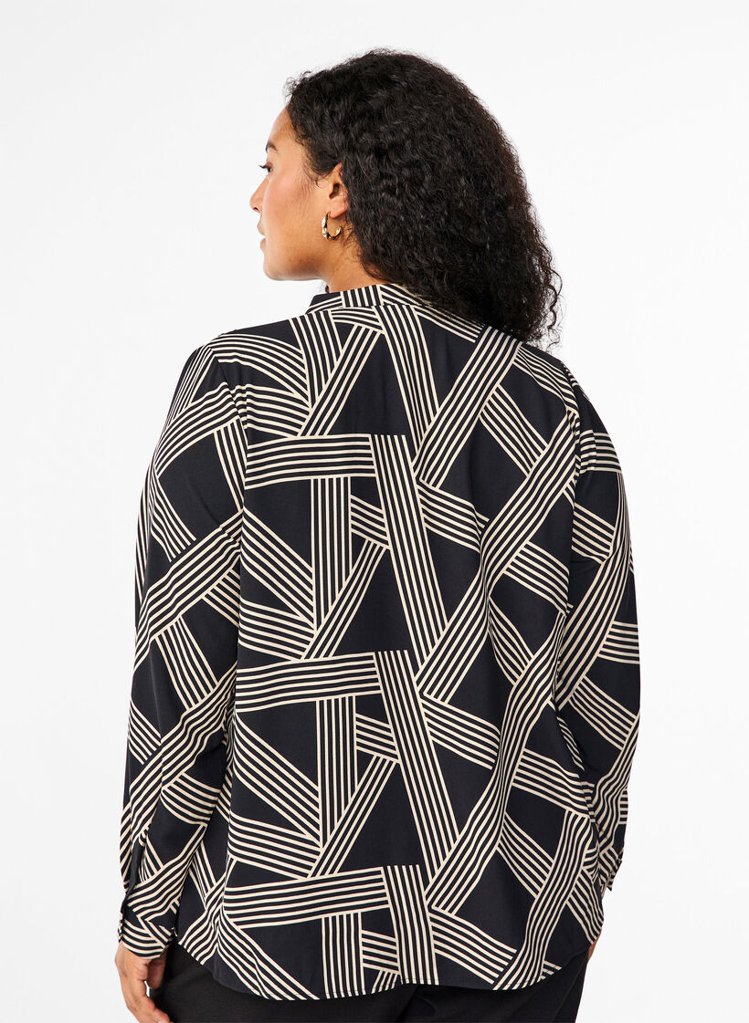 Chemisier à manches longues avec col en V, BLACK BEIGE GRAPHIC, Model image number 1