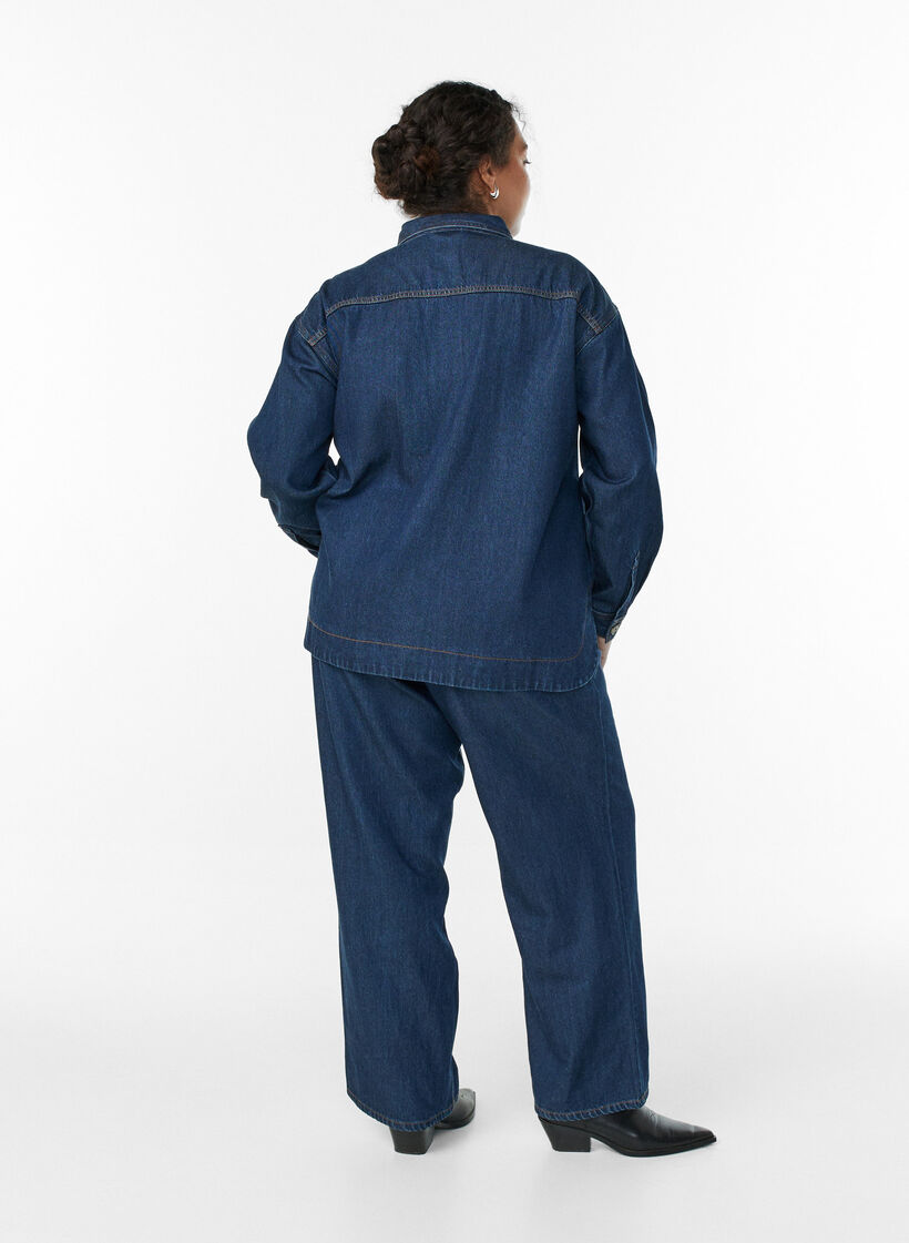 Jean large avec ceinture &agrave; nouer et taille haute, Bleu, Model image number 1