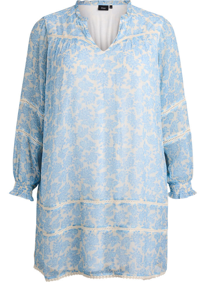 Robe courte en mousseline avec d&eacute;tails en crochet, Bleu Clair, Packshot image number 0
