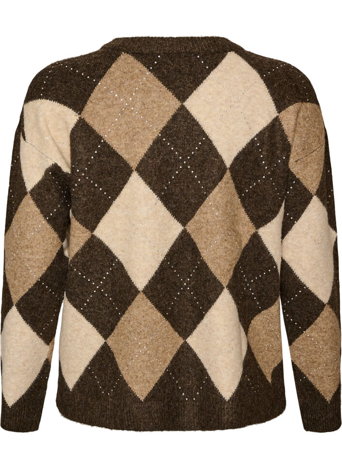 Haut en maille avec motif losanges et strass, Marron, Packshot image number 1