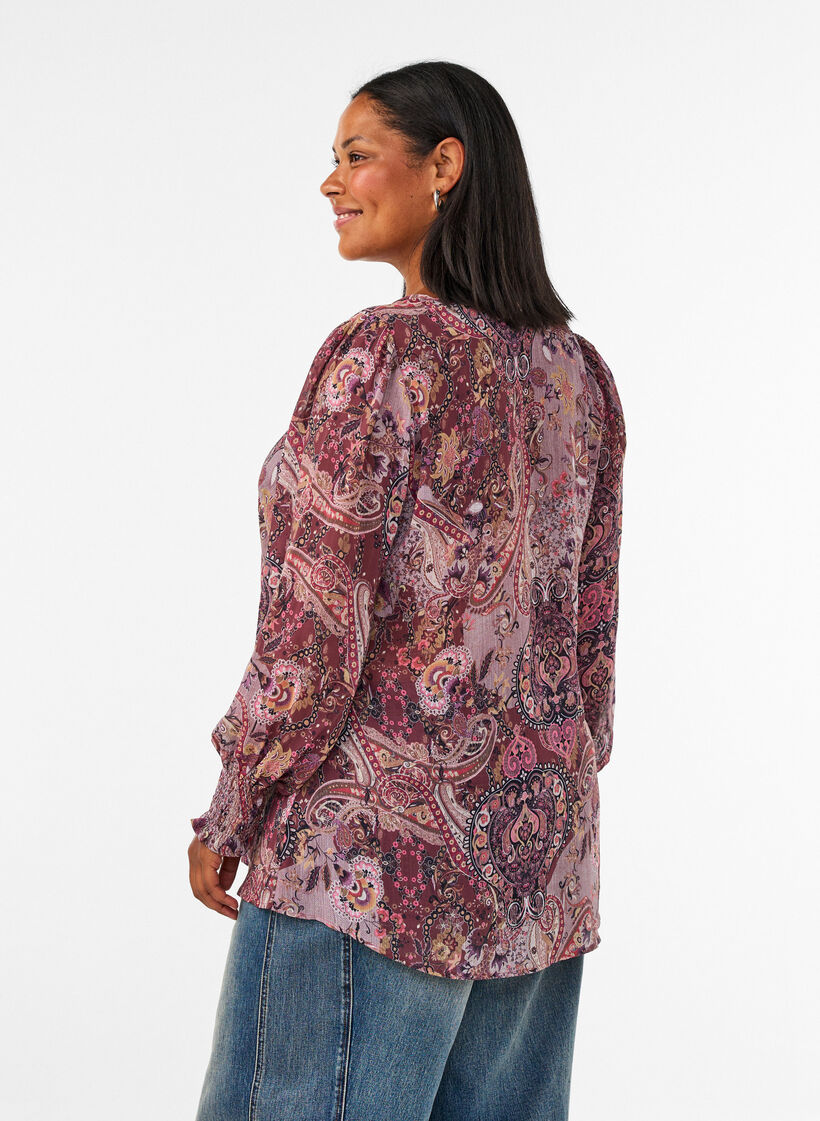 Tunique &agrave; imprim&eacute; cachemire et poignets smock&eacute;s, Rose, Model image number 2