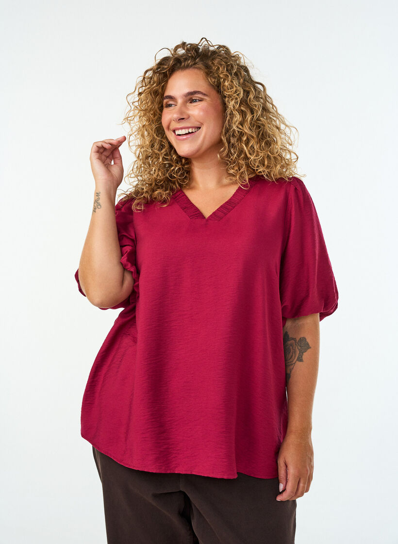 Blouse avec manches ballon et col en V, Bordeaux, Model image number 0