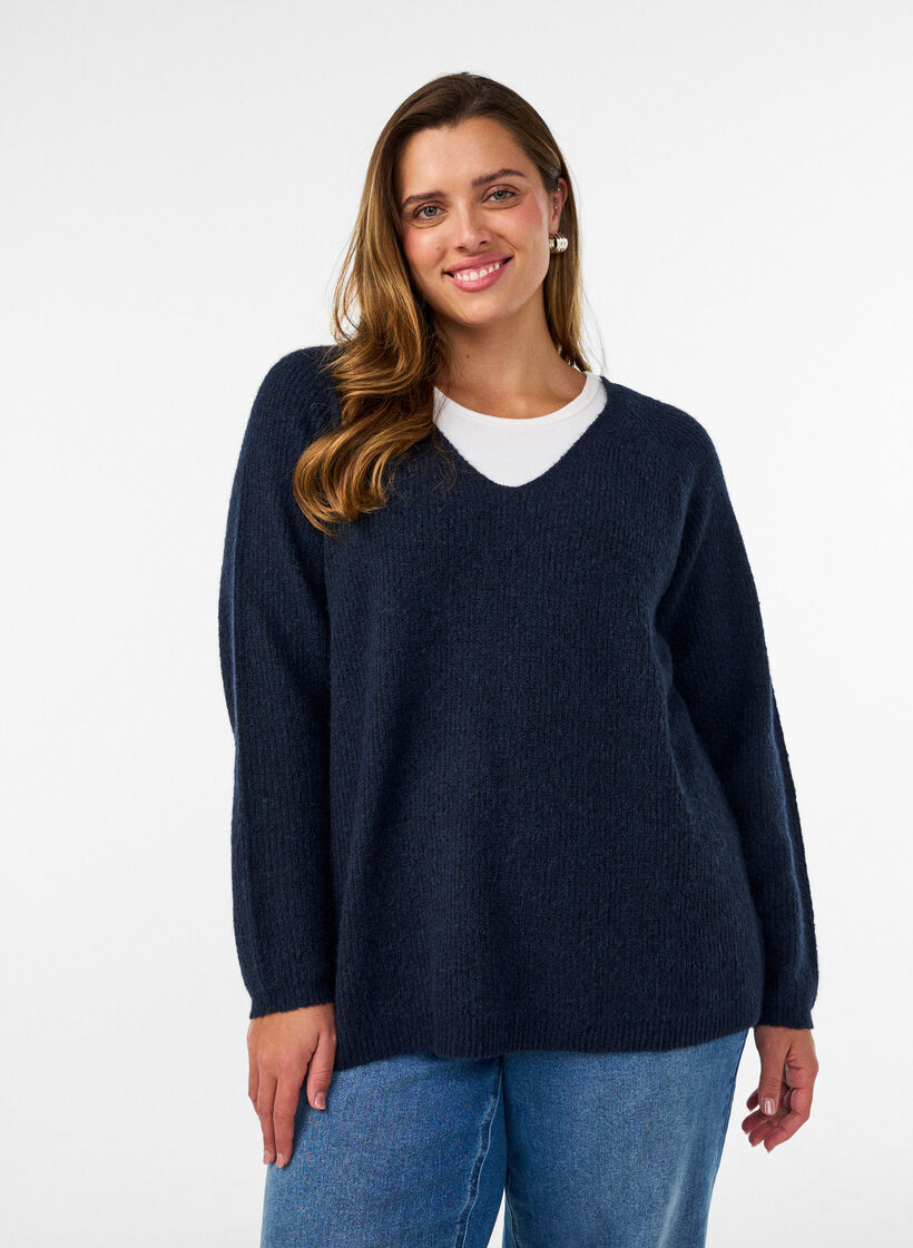 Blouse en maille avec col en V et manches raglan, Bleu, Model image number 0