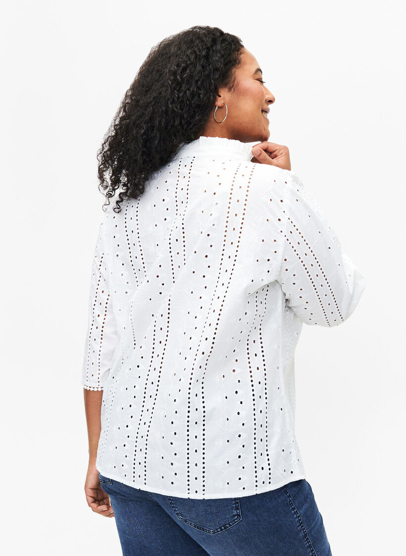 Chemise en coton avec un motif à trous, Bright White, Model image number 1