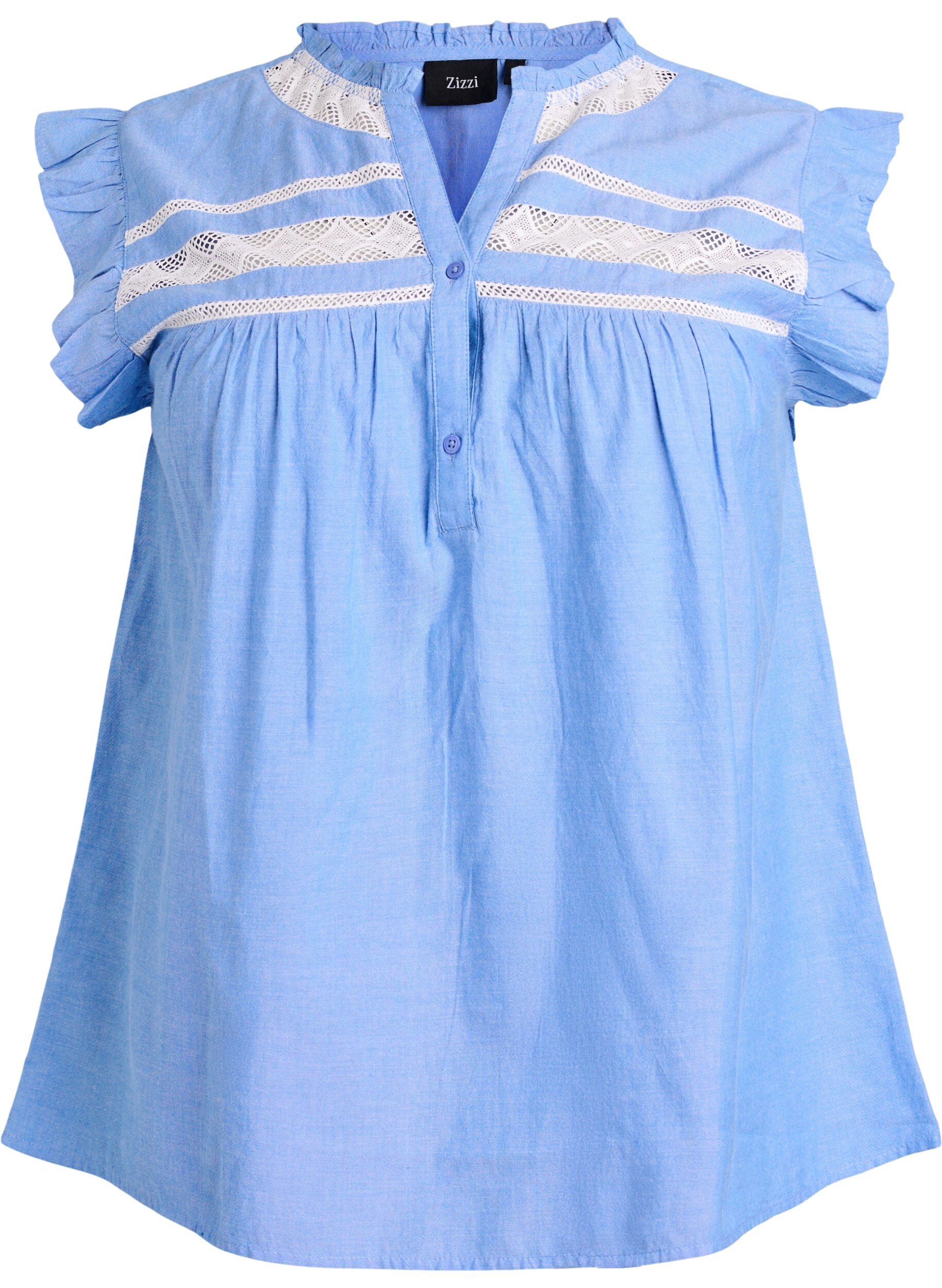 ZizziBlouse sans manches en coton &agrave; bords volant&eacute;s, Bleu Clair, Packshot image number 0