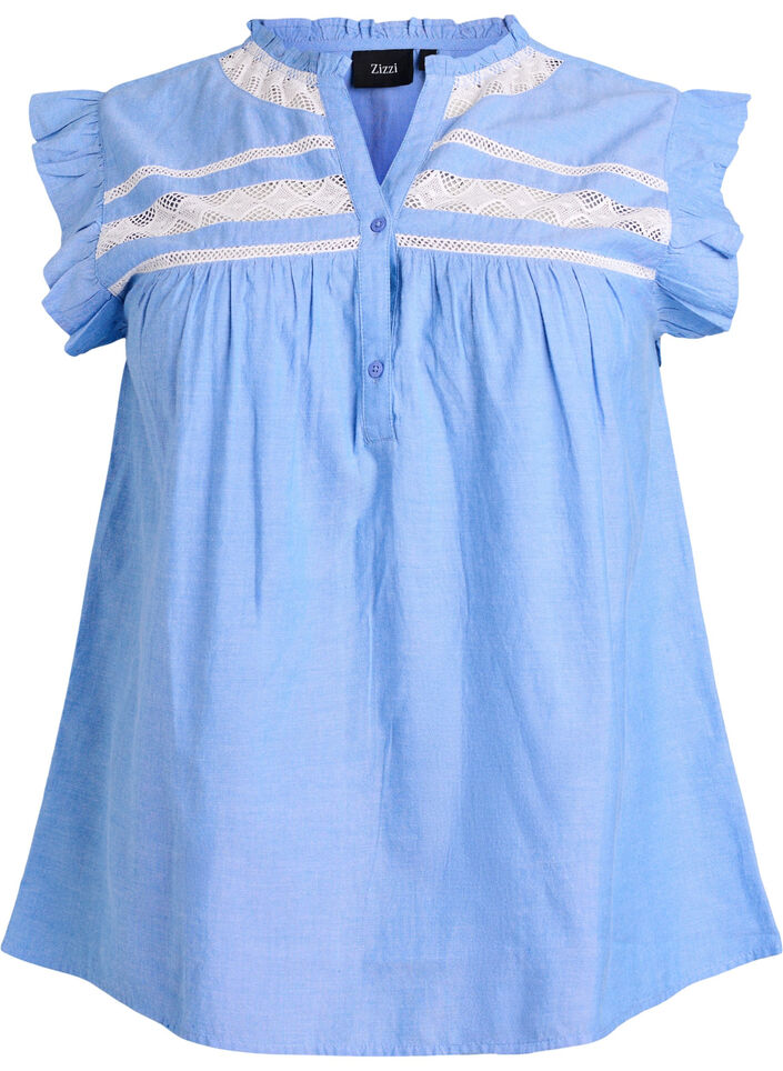 Blouse sans manches en coton &agrave; bords volant&eacute;s, Bleu Clair, Packshot image number 0