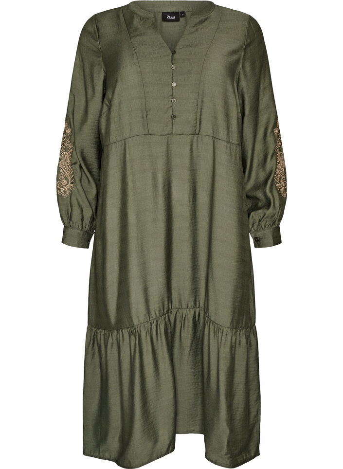 Robe en viscose avec broderies et volants &eacute;tag&eacute;s, Vert, Packshot image number 0