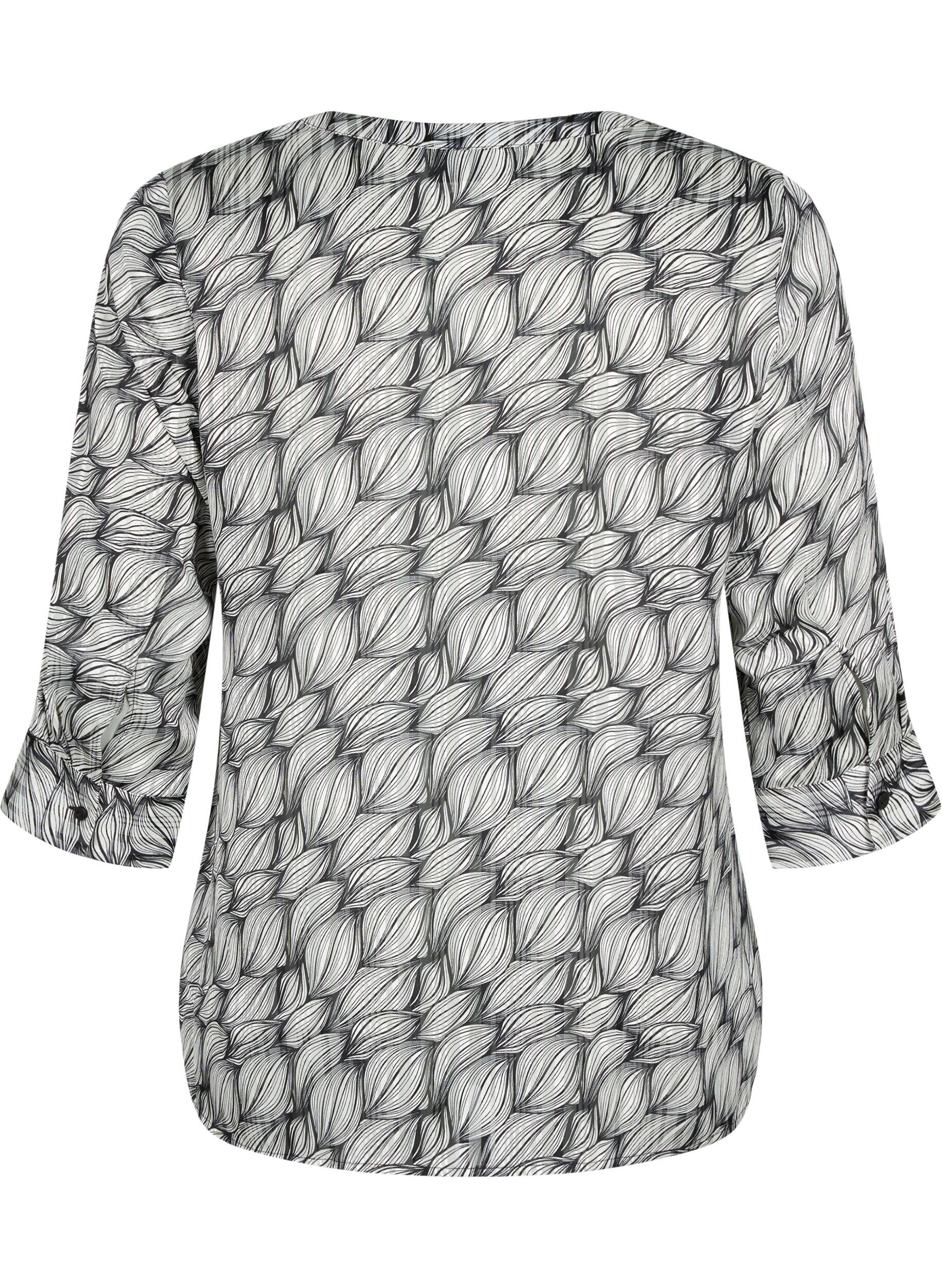 Zizzi Blouse avec imprim&eacute; et manches 3/4 , Black White Leaf, Packshot image number 1