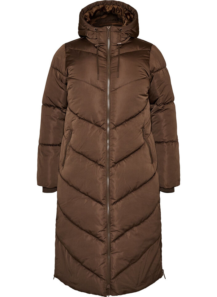 Doudoune longue avec capuche et poches, Marron, Packshot image number 0