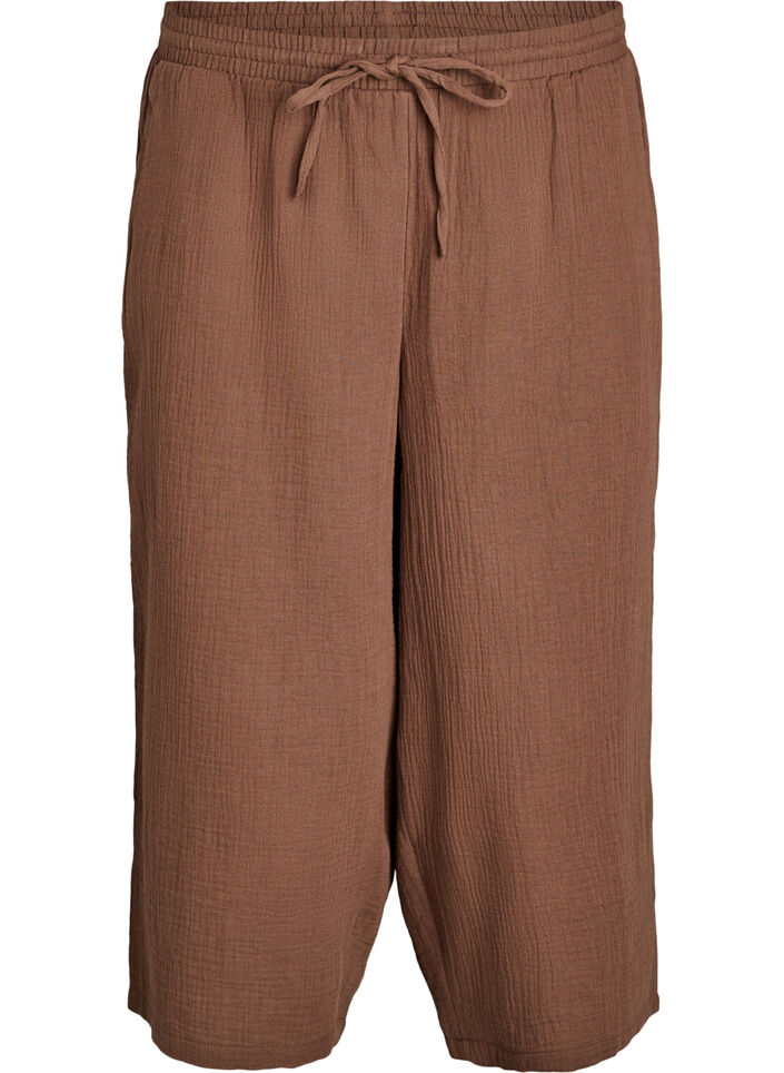 Pantalon culotte en mousseline de coton avec taille haute, Marron, Packshot image number 0