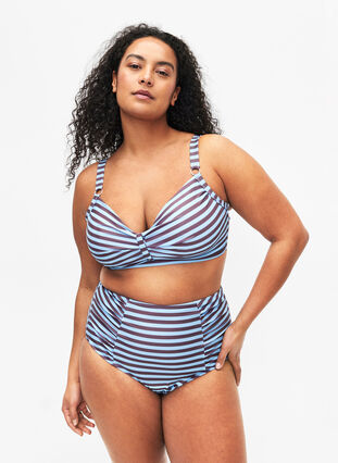 Bas de bikini à taille haute avec des rayures, BlueBrown Stripe AOP, Model image number 0