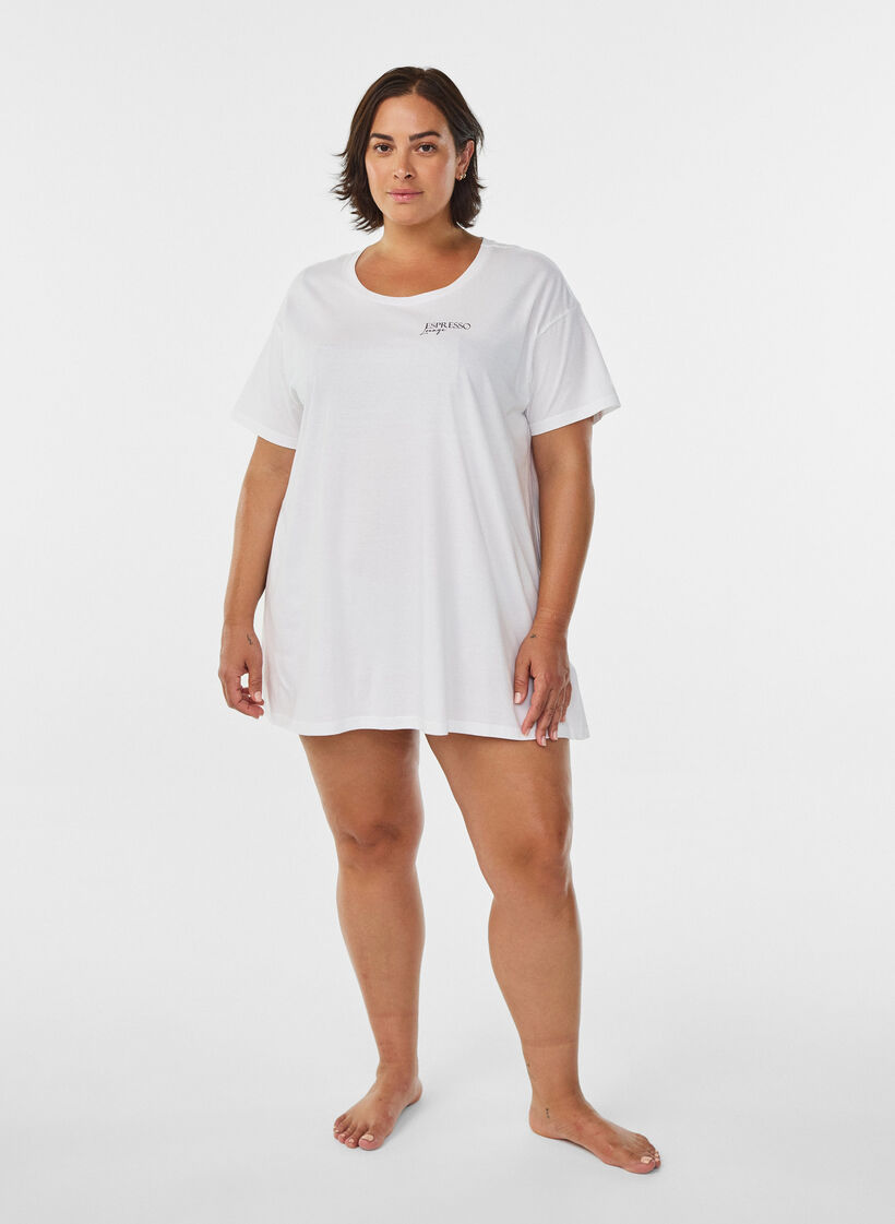 T-shirt de nuit long en coton bio avec imprim&eacute;, Blanc, Model image number 1