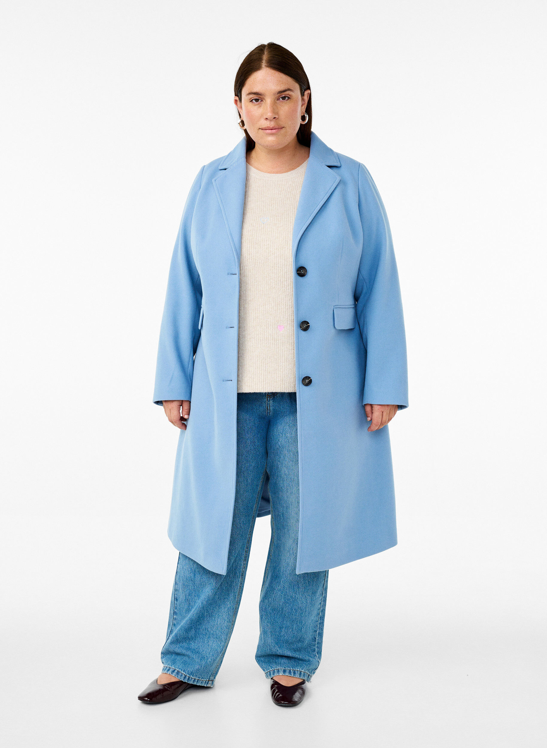 Zizzi Manteau long avec une fente au dos, Bleu Clair, Model image number 1