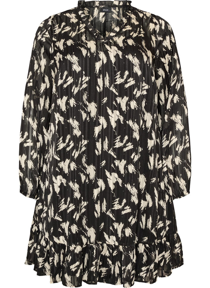 Robe &agrave; motifs avec volants et manches longues, Noir, Packshot image number 0