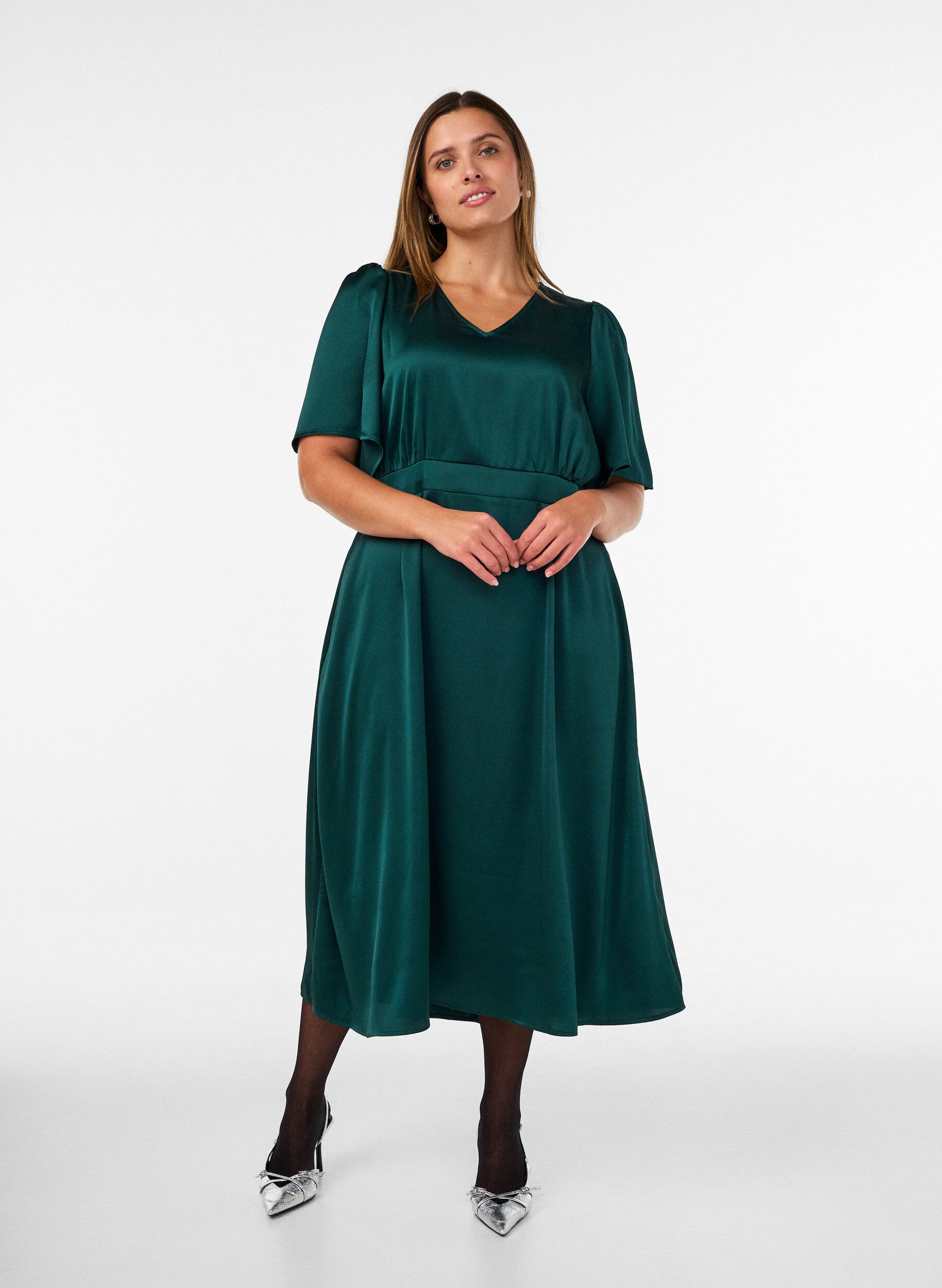 ZizziRobe de soir&eacute;e mi-longue &agrave; taille empire, Vert fonc&eacute;, Model image number 0