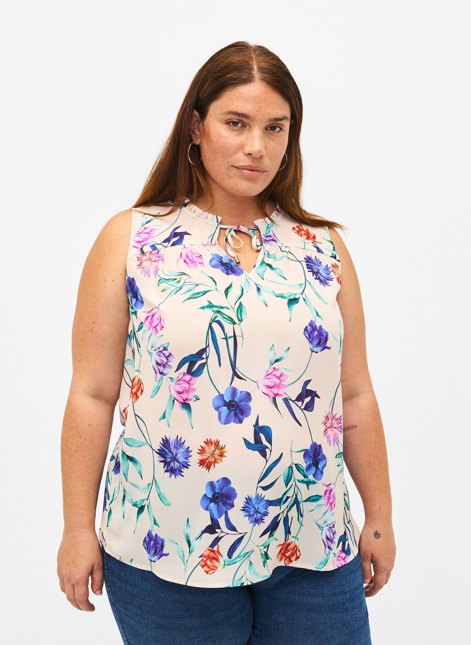 Zizzi Haut floral avec attache, Buttercream Blue Fl., Model image number 0