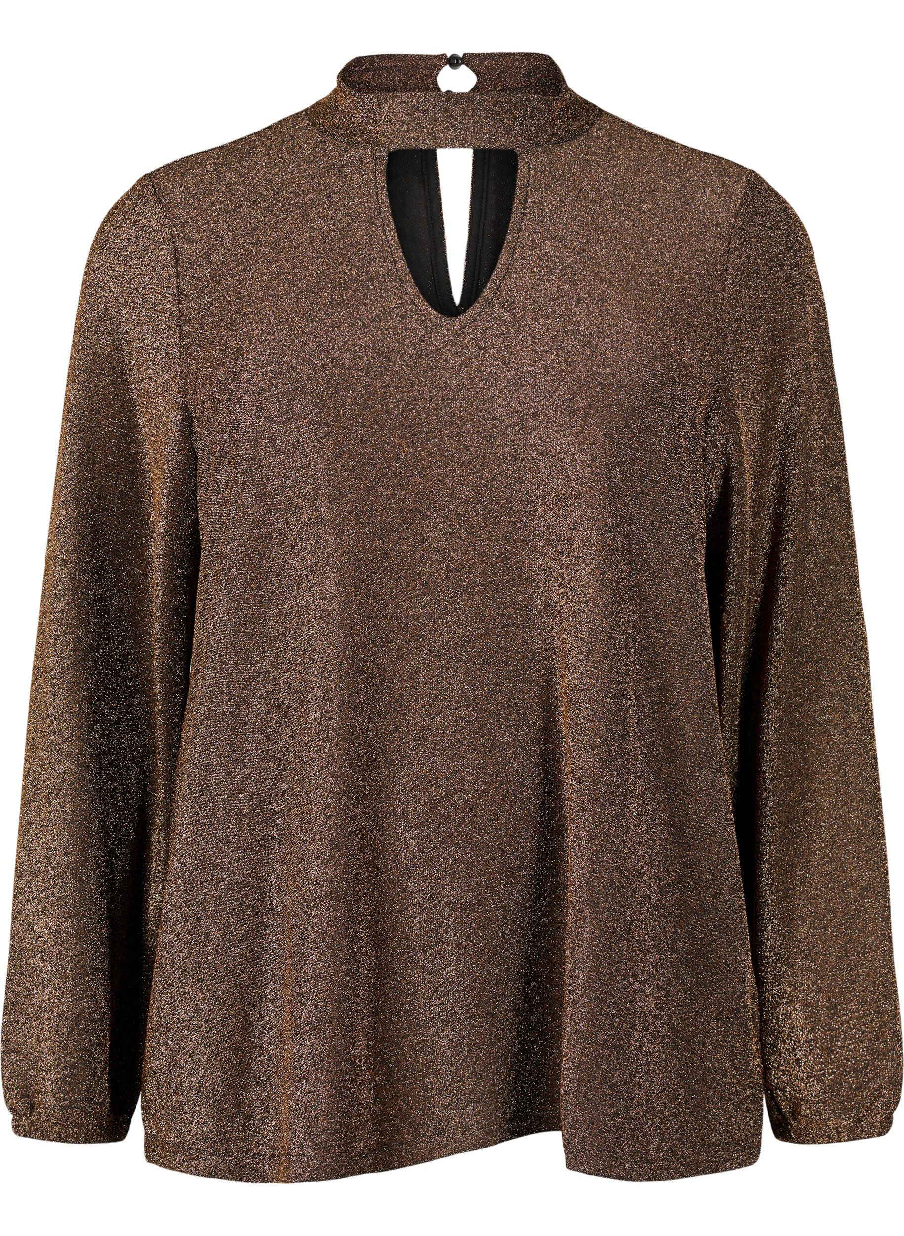Zizzi Blouse scintillante &agrave; manches longues avec d&eacute;collet&eacute; arrondi et d&eacute;tail en V, Black Copper, Packshot image number 0