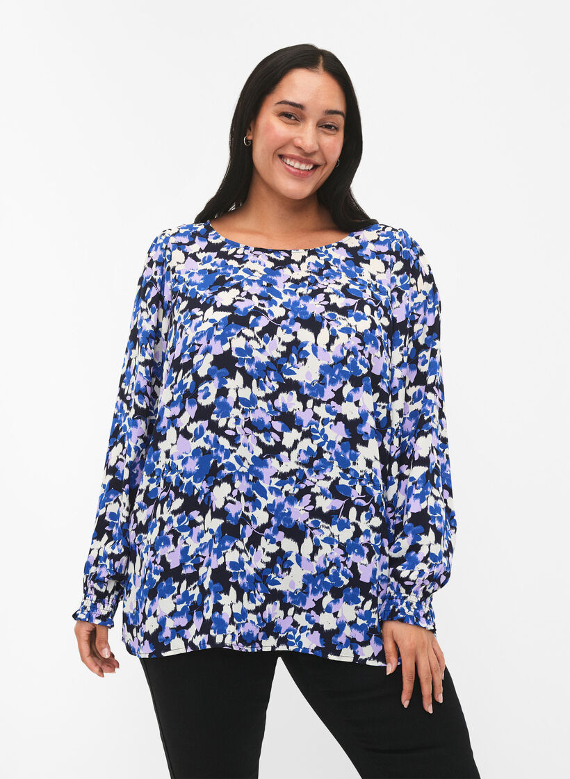 FLASH - Blouse à manches longues avec imprimé et smock, Blue Purple Flower, Model image number 0